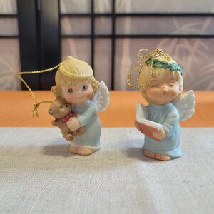 Rare Gorham 1984 Porcelain Girl and Boy Angel Christmas Ornaments - Set of 2